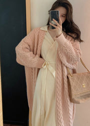 Pink V Neck Thick Long Knit Cardigan Spring