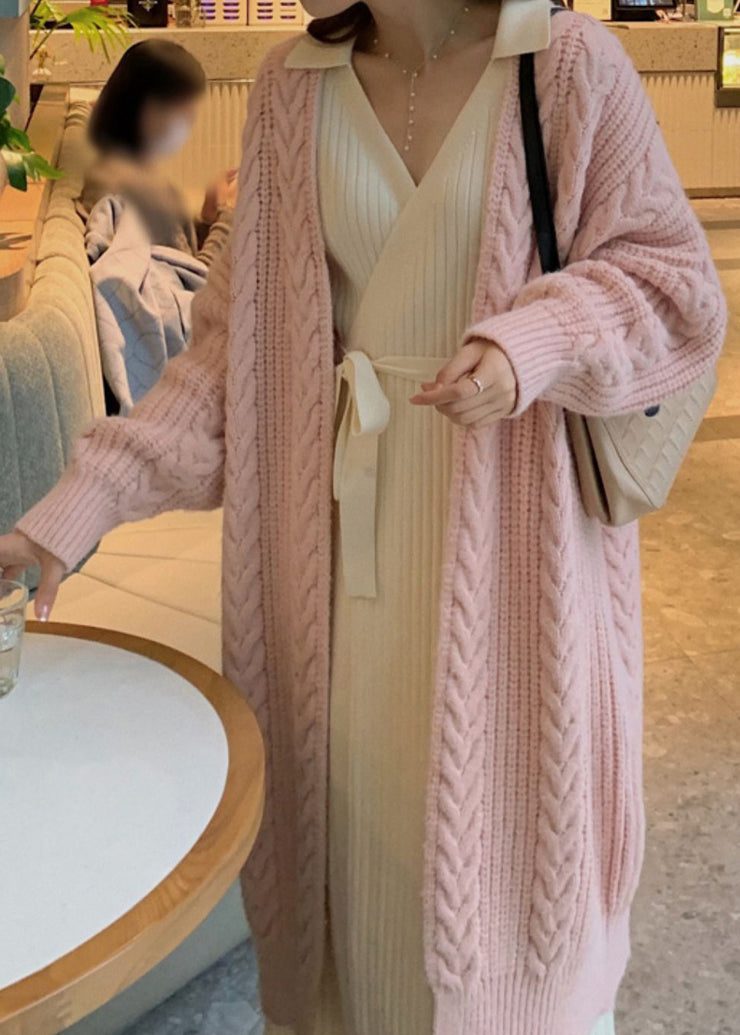 Pink V Neck Thick Long Knit Cardigan Spring