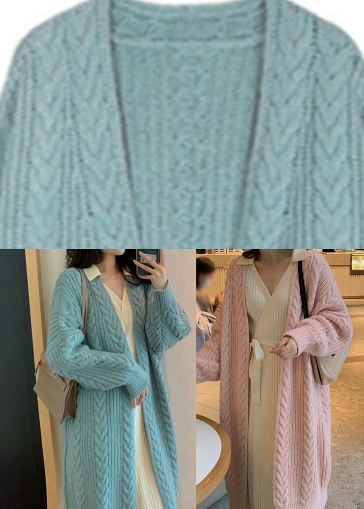 Pink V Neck Thick Long Knit Cardigan Spring