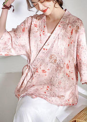 Pink V Necktie Waist Print Summer Ramie Blouses - bagstylebliss