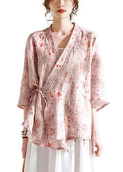 Pink V Necktie Waist Print Summer Ramie Blouses - bagstylebliss