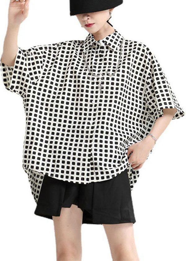 Plaid Peter Pan Collar Button Asymmetrical Design Summer Cotton Blouses - bagstylebliss