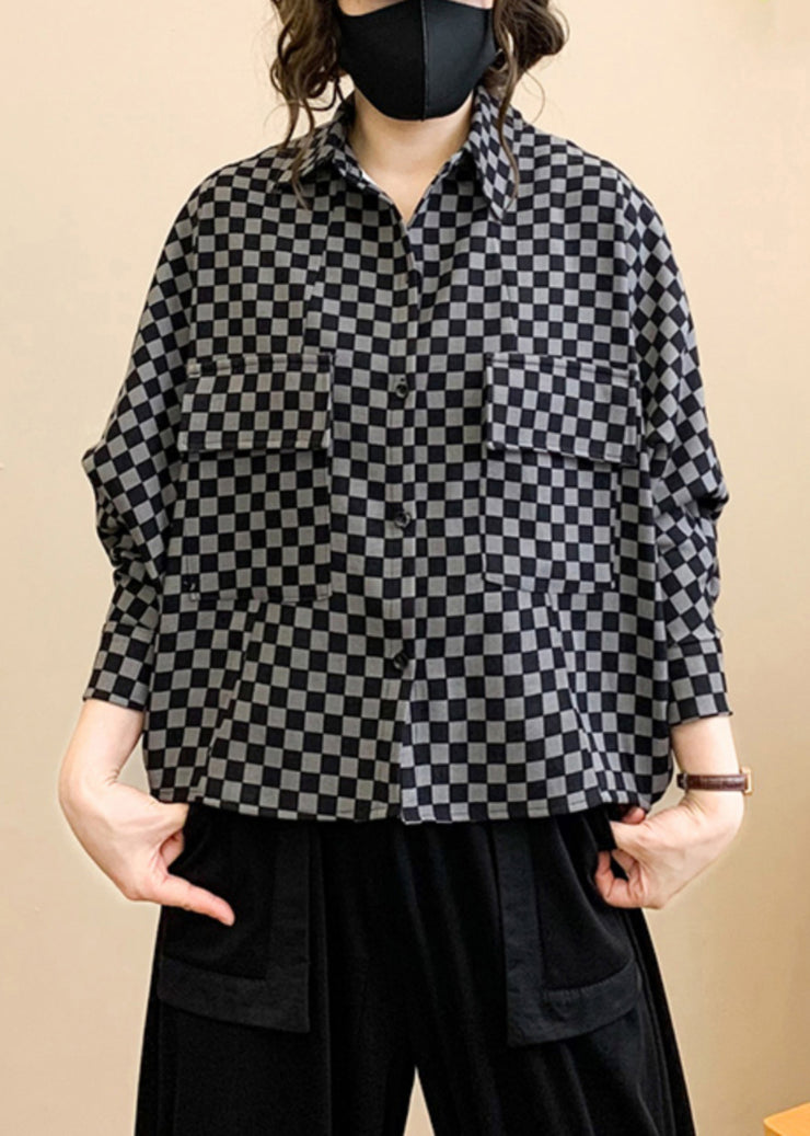 Plaid Print Patchwork Cotton Trench Peter Pan Collar Long Sleeve