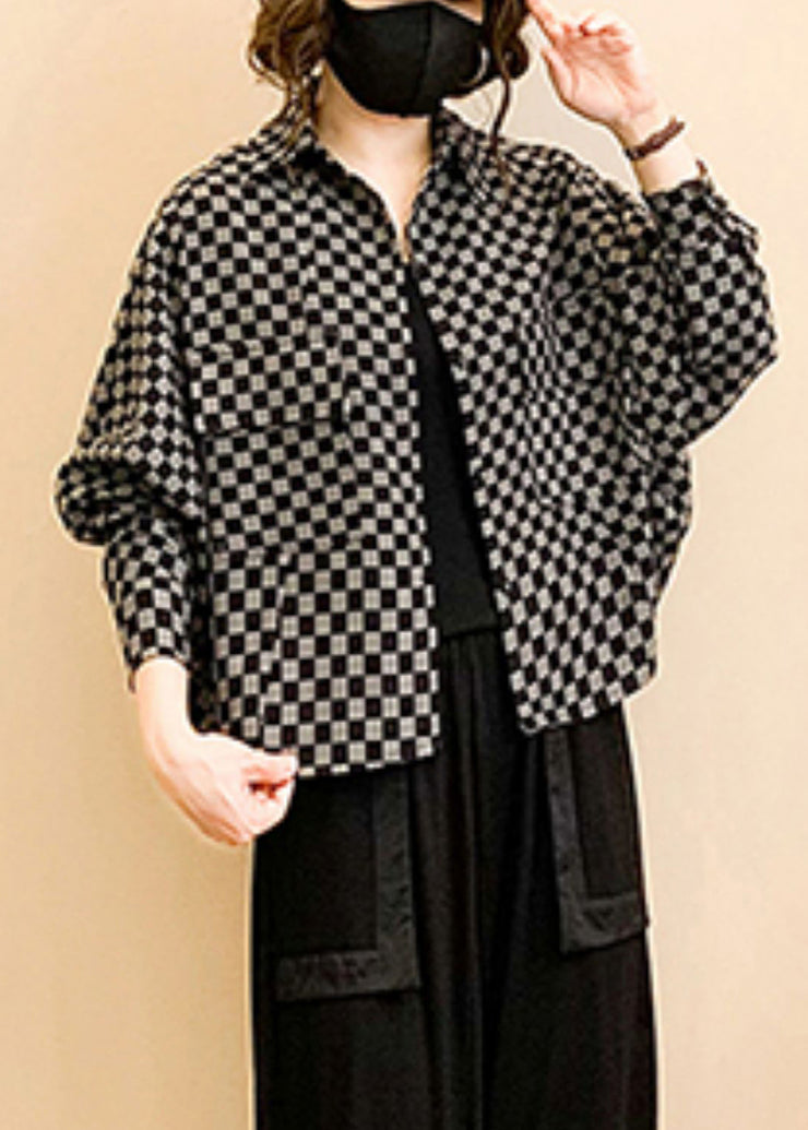 Plaid Print Patchwork Cotton Trench Peter Pan Collar Long Sleeve