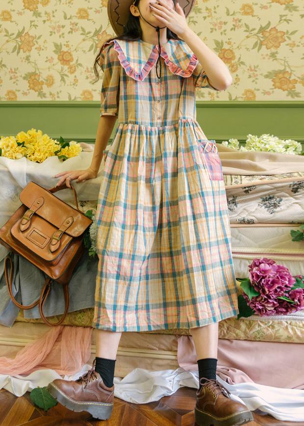 Plaid Ruffled Button Puff Sleeve Summer Cotton Dresses - bagstylebliss