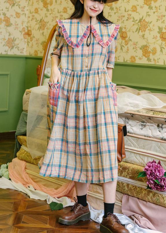 Plaid Ruffled Button Puff Sleeve Summer Cotton Dresses - bagstylebliss