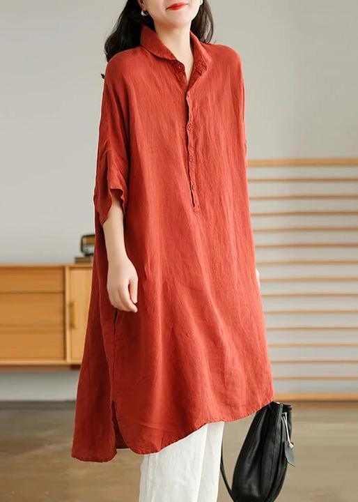 Plus Size - Red Linen Women Casual Pure Shirt - bagstylebliss
