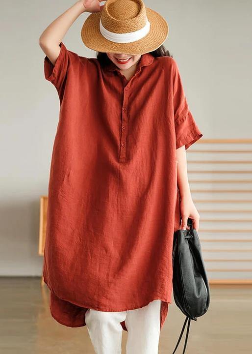 Plus Size - Red Linen Women Casual Pure Shirt - bagstylebliss