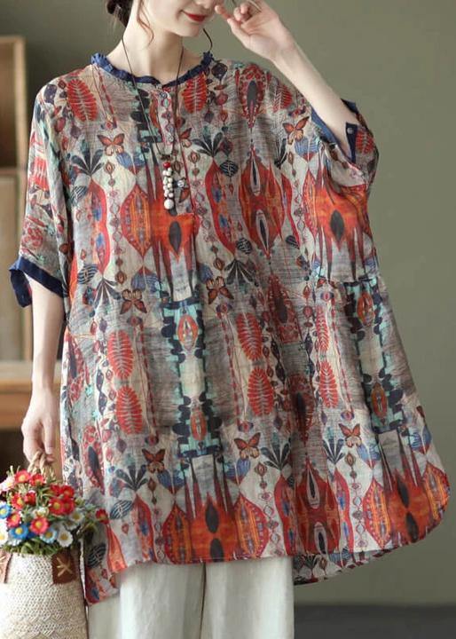 Plus Size -Red Ramie Floral Vintage Women Print Casual Shirt - bagstylebliss