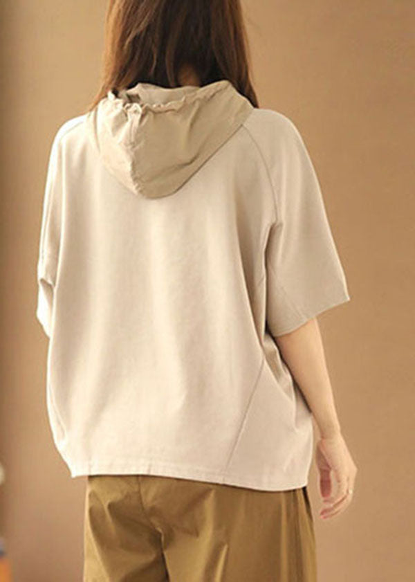 Plus Size Apricot Hooded Drawstring Cotton Sweatshirts Top Summer