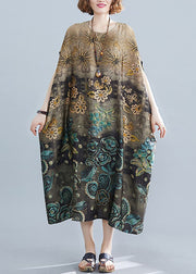 Plus Size Apricot O-Neck Print Silk Long Dress Batwing Sleeve