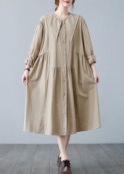 Plus Size Apricot Sailor Collar Button Wrinkled Long Dress Long sleeve