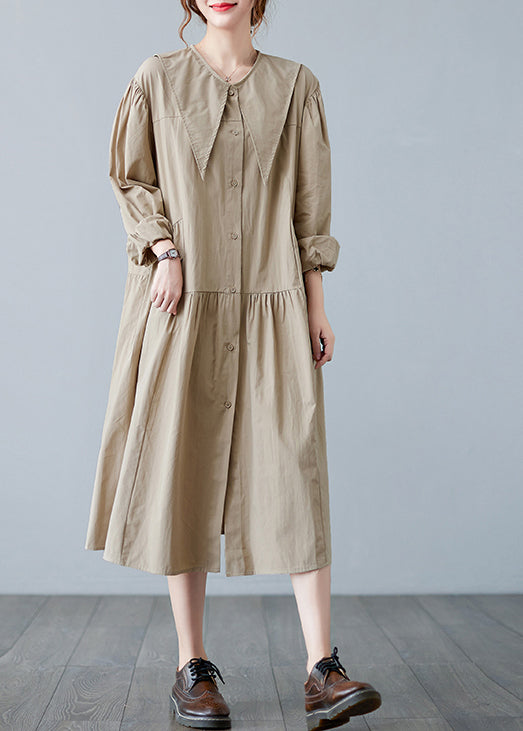 Plus Size Apricot Sailor Collar Button Wrinkled Long Dress Long sleeve