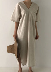 Plus Size Apricot side open Linen Dress Short Sleeve