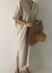 Plus Size Apricot side open Linen Dress Short Sleeve