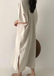 Plus Size Apricot side open Linen Dress Short Sleeve