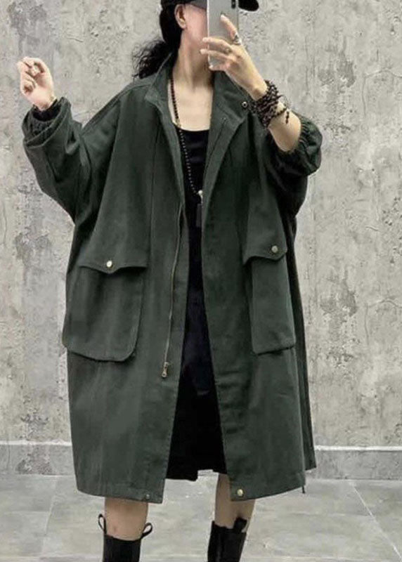 Plus Size Army Green Stand Collar Zippered Pockets Fall Long sleeve Trench Coat