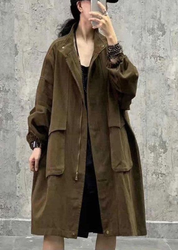 Plus Size Army Green Stehkragen Taschen mit Reißverschluss Herbst Langarm Trenchcoat