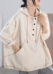 Plus Size Beige Drawstring Hooded Cotton Pullover Streetwear Long Sleeve