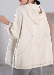 Plus Size Beige Drawstring Hooded Cotton Pullover Streetwear Long Sleeve