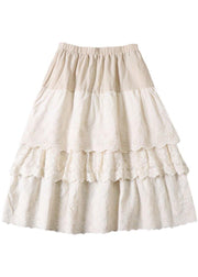 Plus Size Beige Embroideried Wrinkled Patchwork Fall Tiered Skirts - bagstylebliss