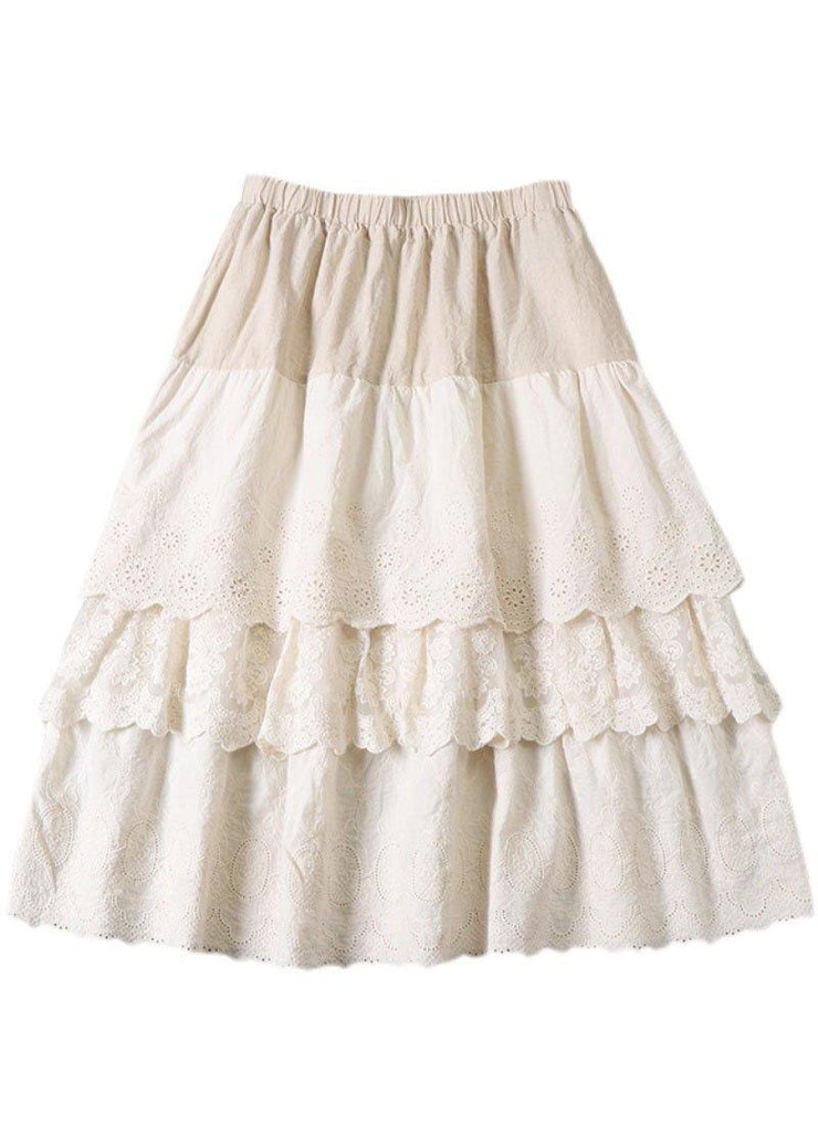 Plus Size Beige Embroideried Wrinkled Patchwork Fall Tiered Skirts - bagstylebliss