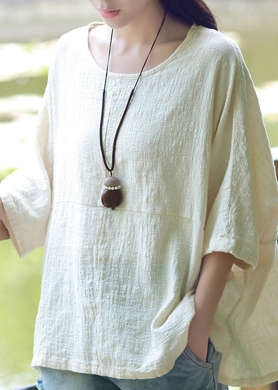 Plus Size Beige O-Neck Cotton Linen Top Half Sleeve