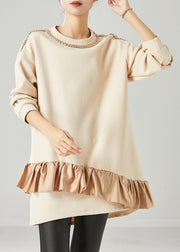 Plus Size Beige Oversized Patchwork Ruffles Cotton Mid Dress Fall