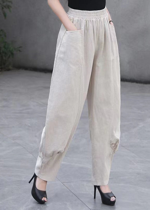 Plus Size Beige Pockets Elastic Waist Linen Pants Summer