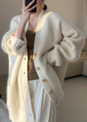 Plus Size Beige V Neck Button Pockets Cotton Knit Coats Fall