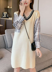 Plus Size Beige V-Ausschnitt Plaid Patchwork Knit Strickkleid Winter