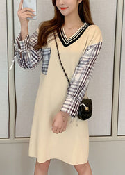 Plus Size Beige V Neck Plaid Patchwork Knit Knit Dress Winter