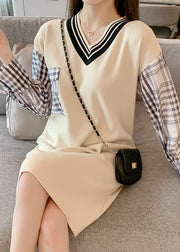 Plus Size Beige V Neck Plaid Patchwork Knit Knit Dress Winter