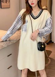 Plus Size Beige V Neck Plaid Patchwork Knit Knit Dress Winter