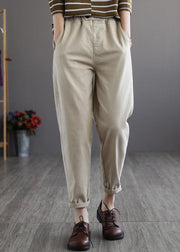 Plus Size Beige elastic waist Pockets Cotton Pants Spring