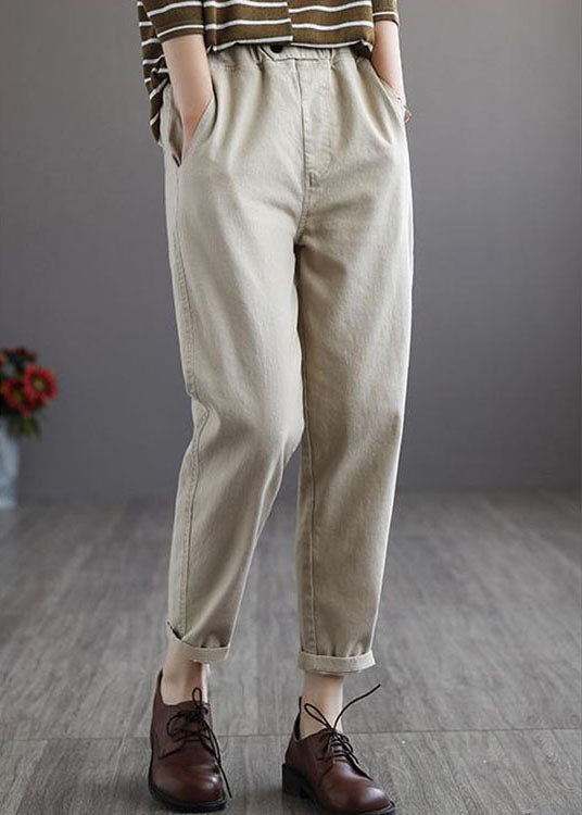 Plus Size Beige elastische Taille Taschen Cotton Pants Spring