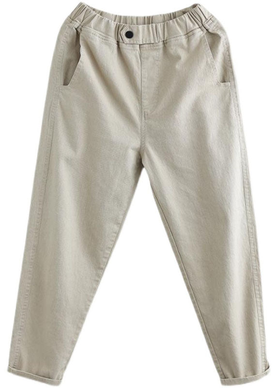 Plus Size Beige elastische Taille Taschen Cotton Pants Spring