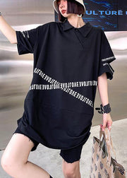 Plus Size Black Asymmetrical Design Graphic Cotton Summer Holiday Dress - bagstylebliss