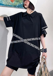 Plus Size Black Asymmetrical Design Graphic Cotton Summer Holiday Dress - bagstylebliss