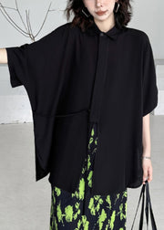 Plus Size Black Asymmetrical Lace Up Patchwork Cotton Shirt Batwing Sleeve