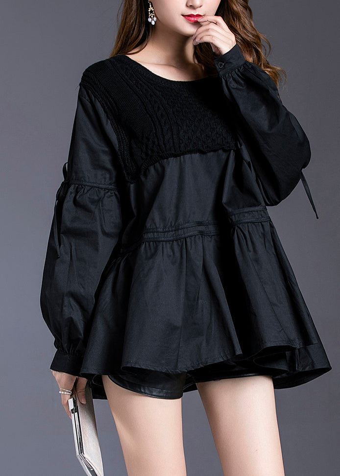 Plus Size Black Asymmetrical Patchwork Cotton Tops Spring