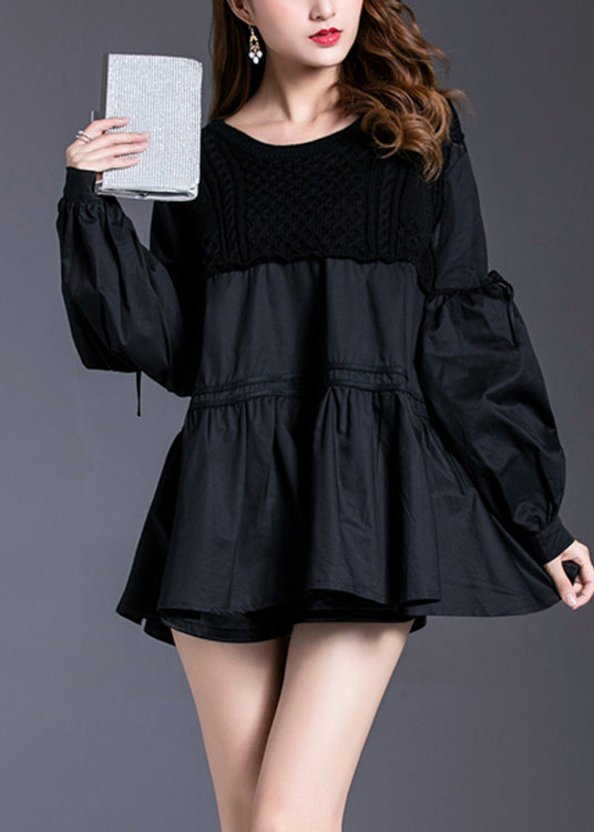 Plus Size Black Asymmetrical Patchwork Cotton Tops Spring