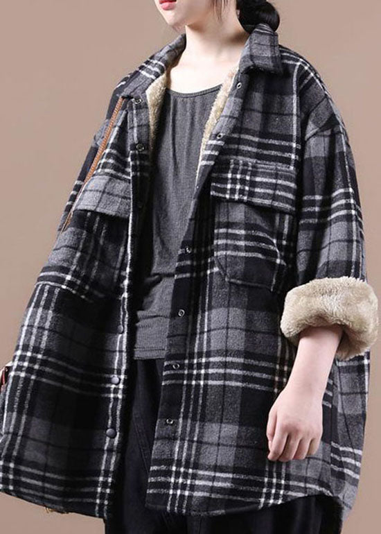 Plus Size Black Asymmetrical Plaid Fleece Wool Lined Coats Winter