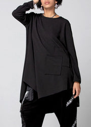 Plus Size Black Asymmetrical Pockets Cotton Shirt Spring