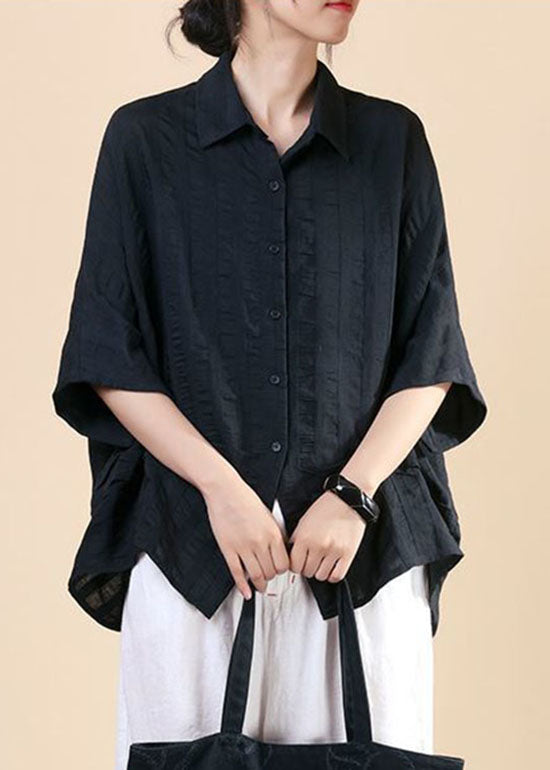 Plus Size Black Button Peter Pan Collar Shirt Top Batwing Sleeve