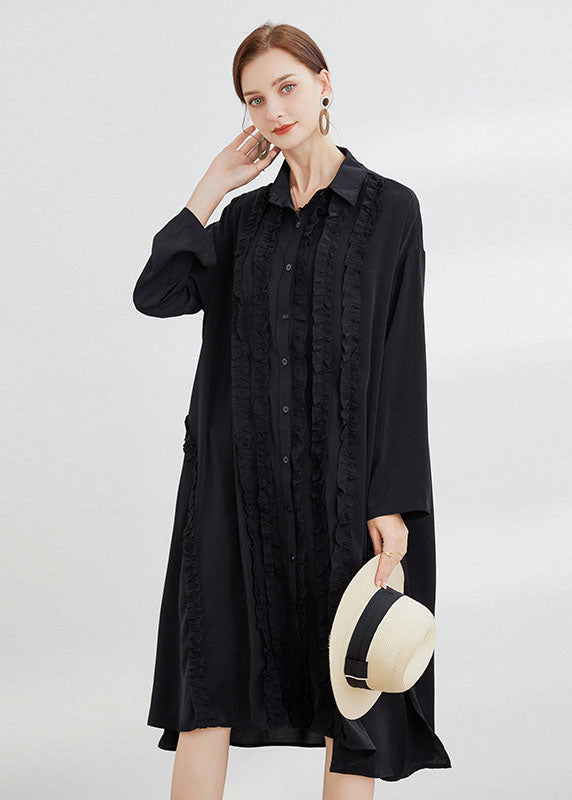 Plus Size Black Button shirts Dress Ruffled Spring