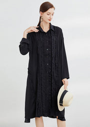 Plus Size Black Button shirts Dress Ruffled Spring