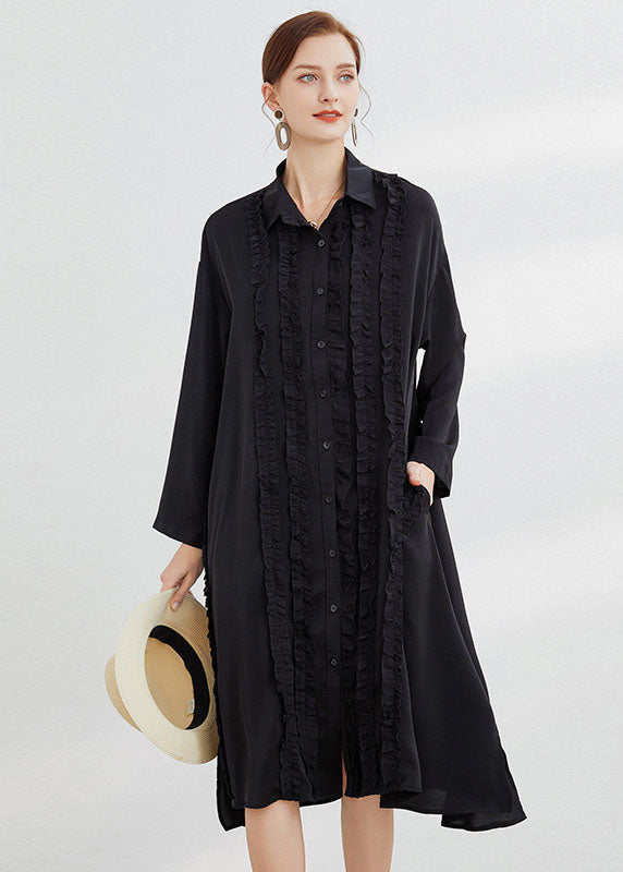 Plus Size Black Button shirts Dress Ruffled Spring