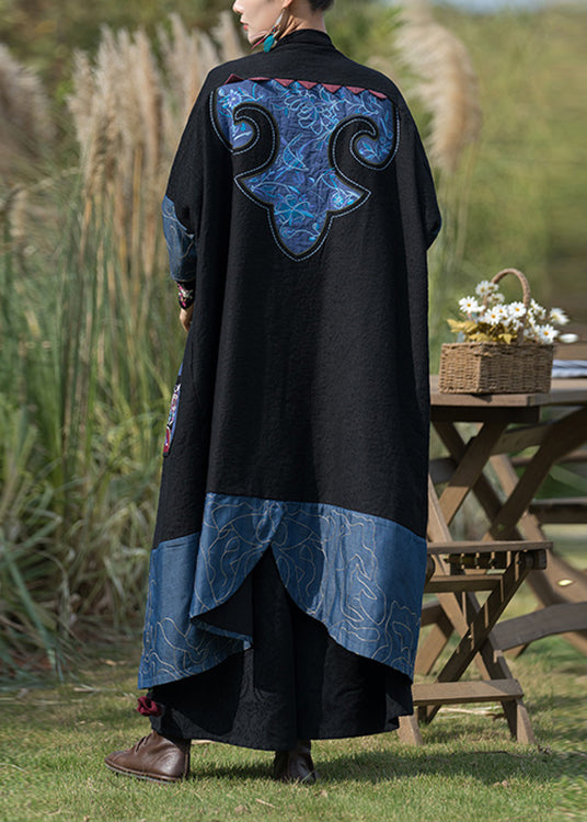 Plus Size Black Embroidered Denim Patchwork  Long Cardigan Fall