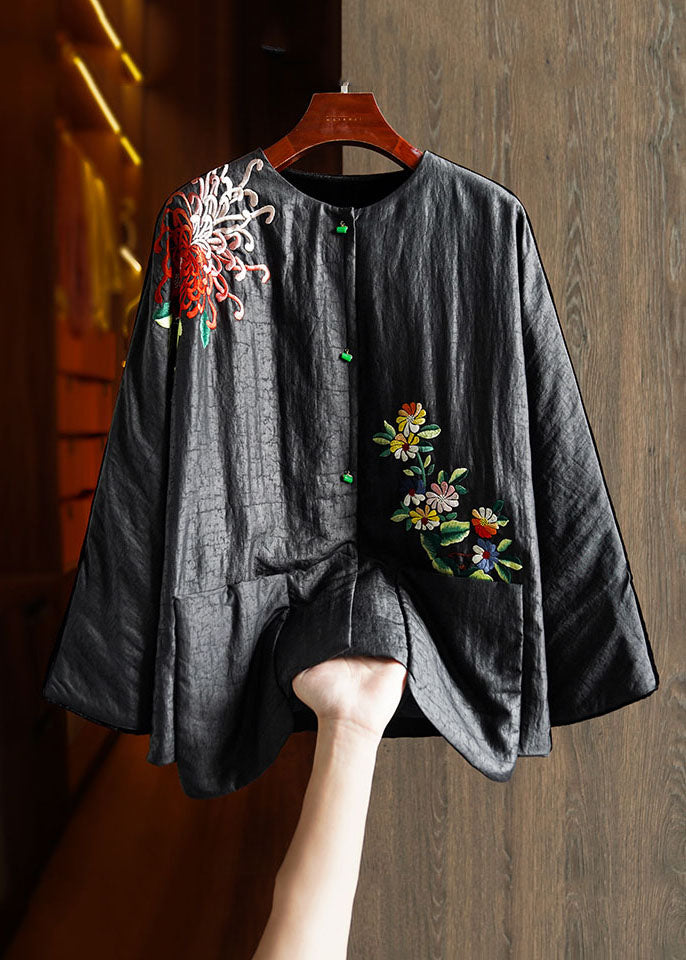 Plus Size Black Printing Floral Button Silk Velour Parka Winter